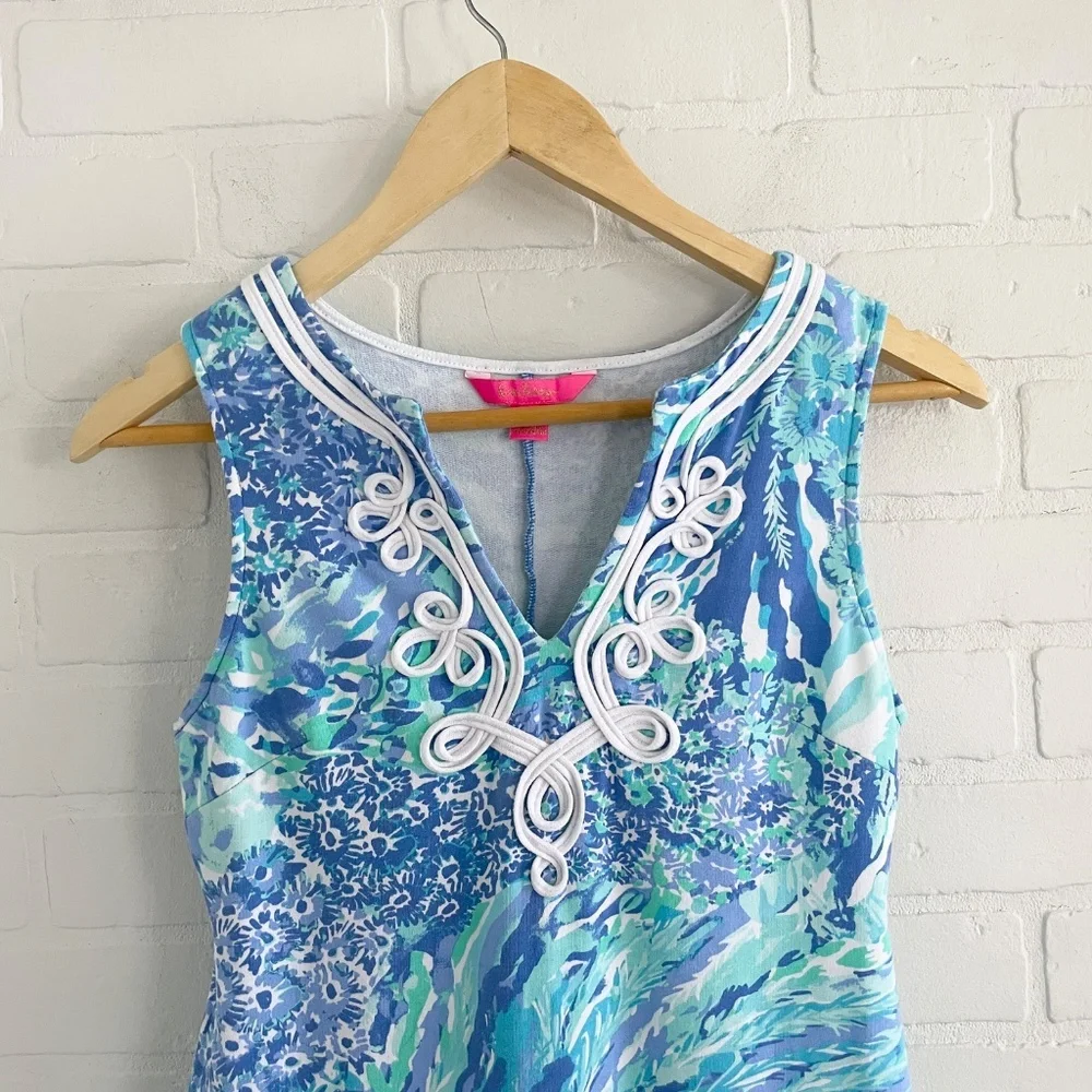 Lilly Pulitzer Vintage Mini Dress Blue Green Daisy Water Print Embroidered Sz XS - Picture 3 of 14